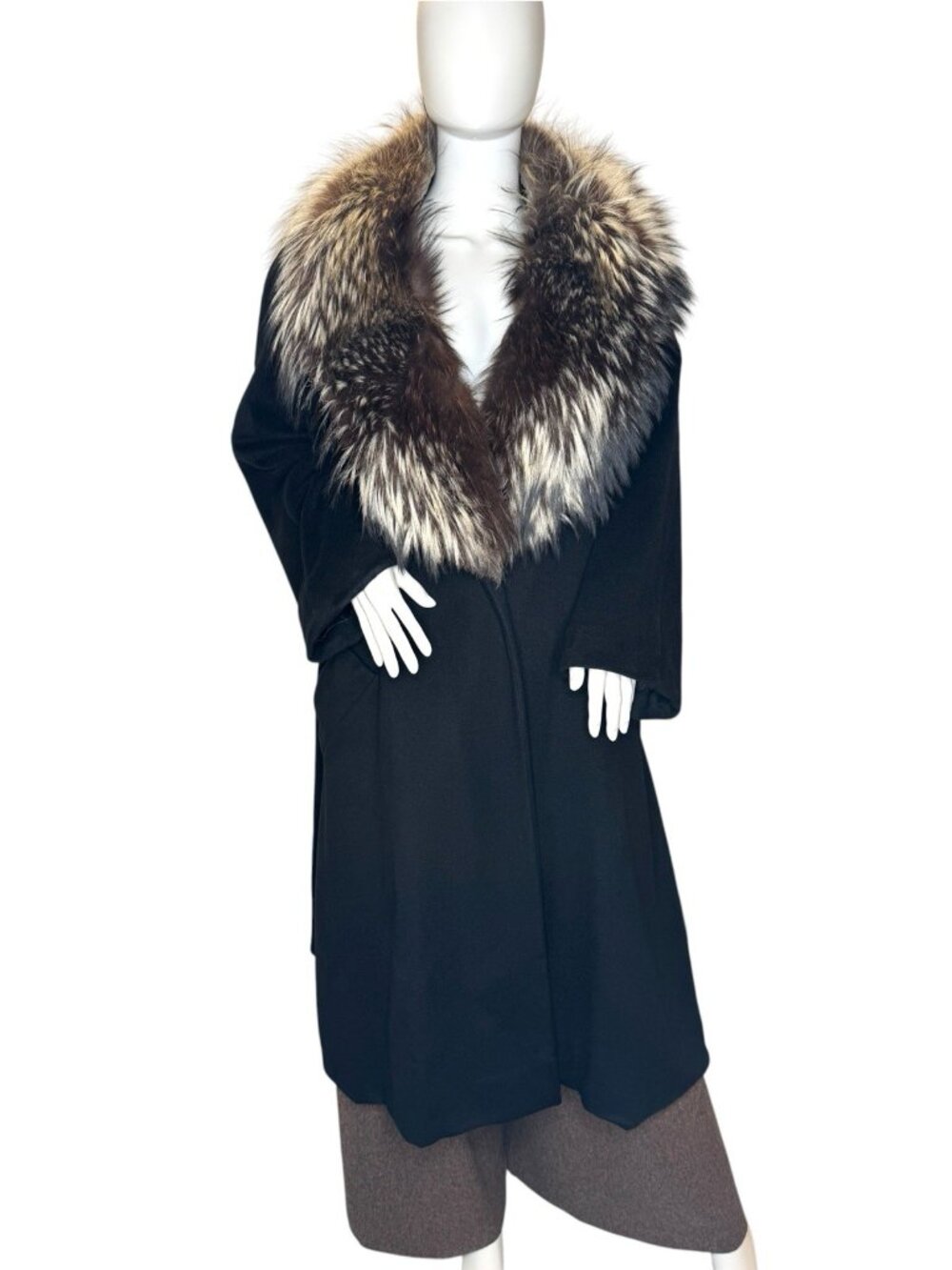 Vintage Christian Dior Size 8 Black 100% Loro Piana Cashmere Coat Fox Fur Collar
